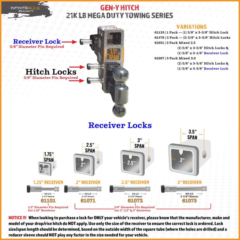 InfiniteRule Security 61651 | 3 Pack Mixed 2.5, Keyed Alike, Hitch Locks for Gen-Y Hitch 21K LB Mega Duty Series - Includes Lock for 2.5" Receiver - Image 2
